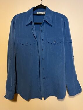 VINTAGE 90s Royal Blue Joanna Polyester Button Down Oversized Shirt Medium